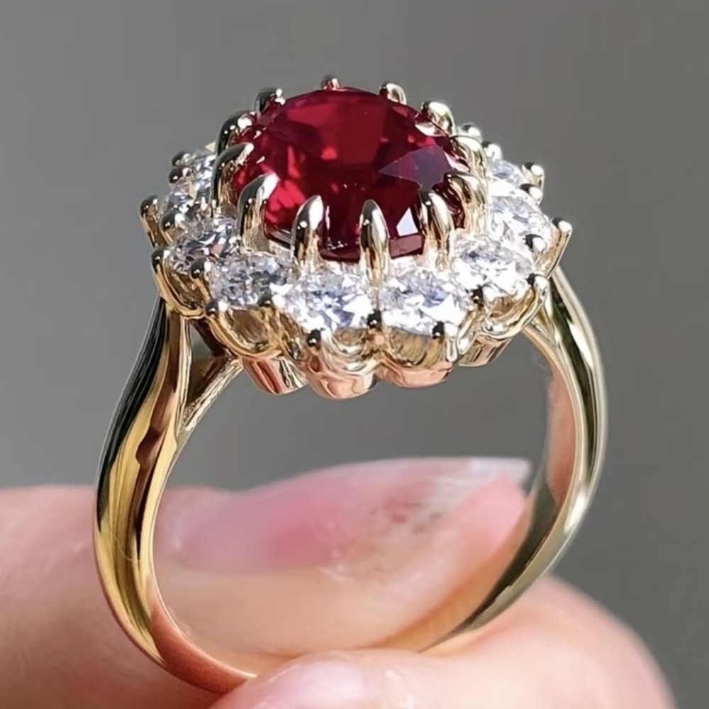Red Ruby Halo Ring Gold Tone Statement Ring Vintage Style Costume Jewelry